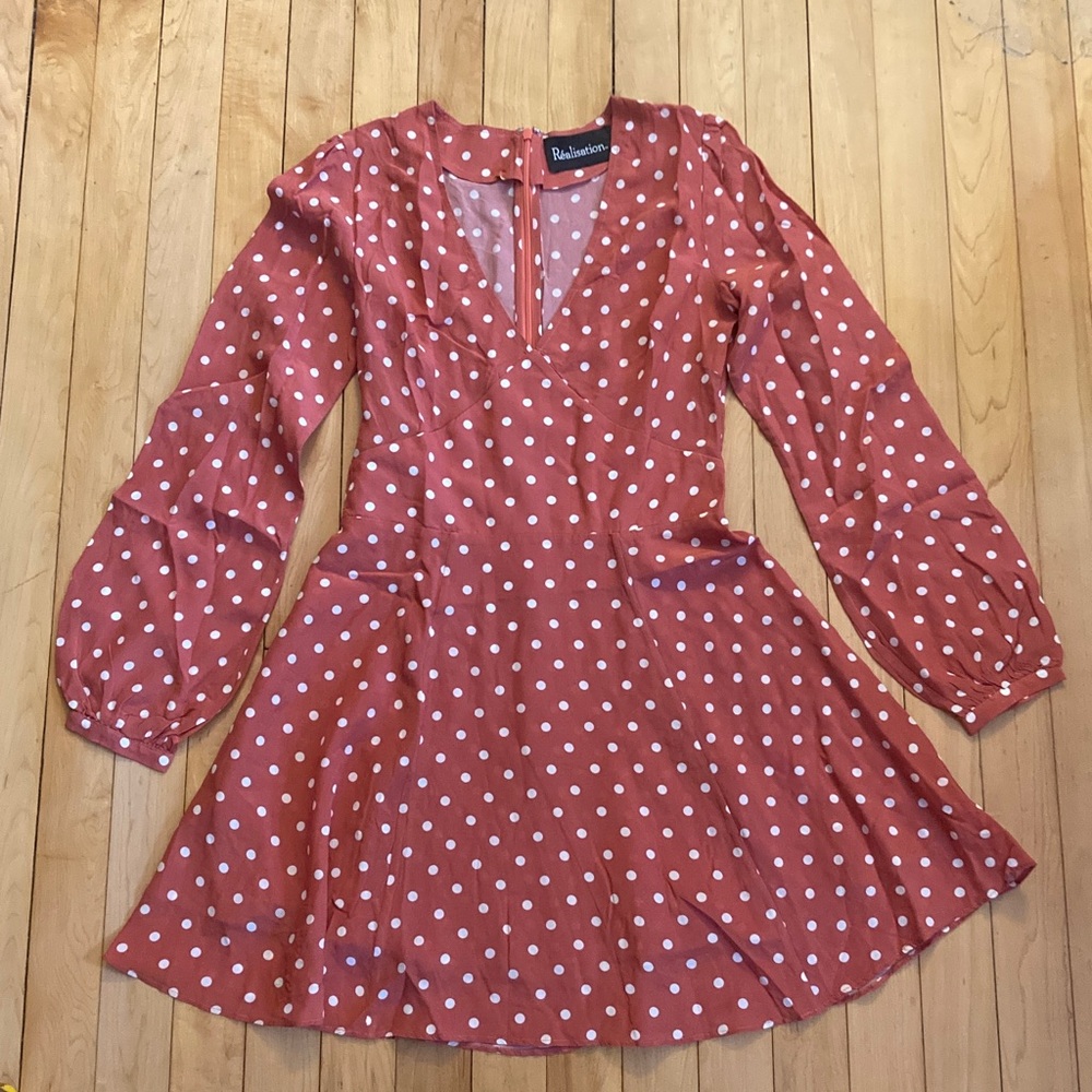 Realisation Par Red Polka Dot V-Neck Dress 100% Silk